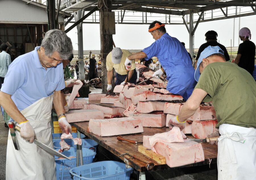 Японские рыбаки разделывают мясо кита 