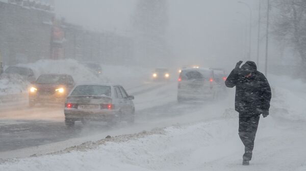 Прохожий на одной из улиц в Петрозаводске во время снегопада