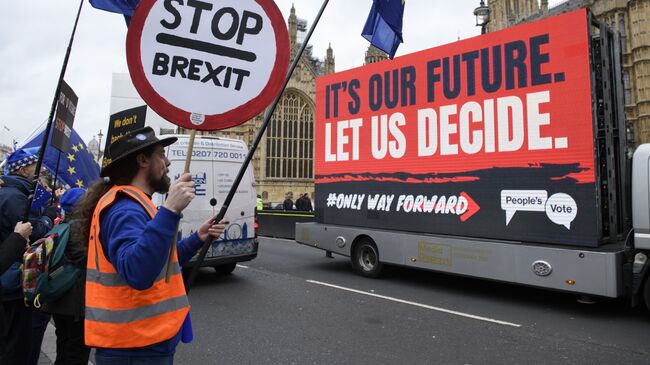 Участники акции против Brexit у здания парламента Великобритании в Лондоне. 15 января 2019