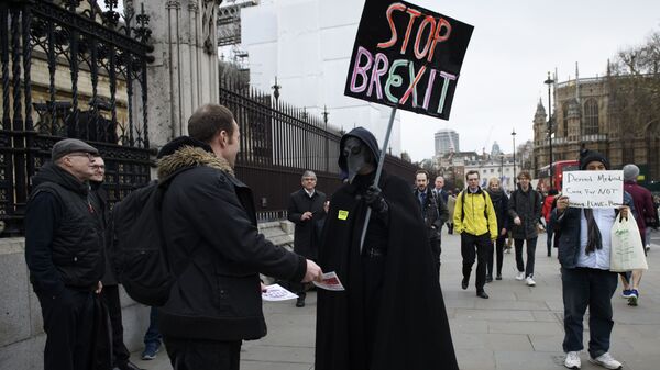 Участники акции против Brexit у здания парламента Великобритании в Лондоне. 15 января 2019
