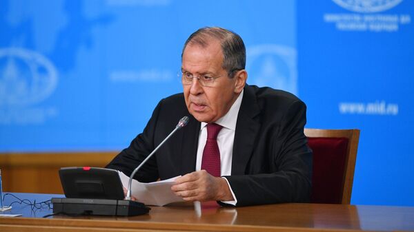 Министр иностранных дел РФ Сергей Лавров на пресс-конференции в Москве