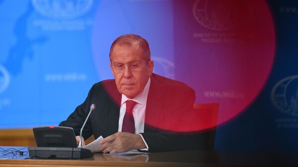 Министр иностранных дел РФ Сергей Лавров на пресс-конференции в Москве