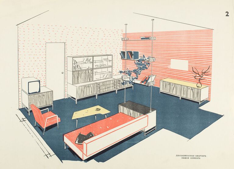 Проект мебели для общей комнаты двухкомнатной квартиры. 1962 Проект мебели для общей комнаты двухкомнатной квартиры. 1962