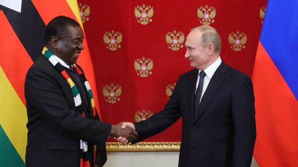 Президент РФ Владимир Путин и президент Республики Зимбабве Эммерсон Мнангагва (слева) на церемонии подписания документов по итогам встречи