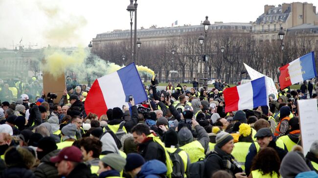 Участники протестной акции жёлтых жилетов в Париже. 19 января 2019 