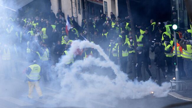 Участники протестной акции жёлтых жилетов в Париже. 19 января 2019 