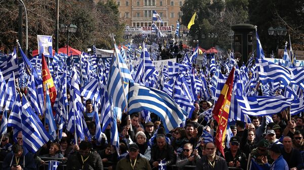 Участники акции в Афинах против Преспанского соглашения о новом конституционном наименовании бывшей югославской республики Македония. 20 января 2019