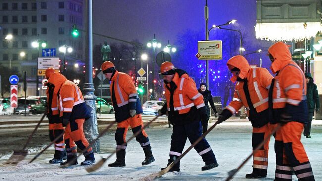 Сотрудники коммунальных служб убирают снег на улице Москвы