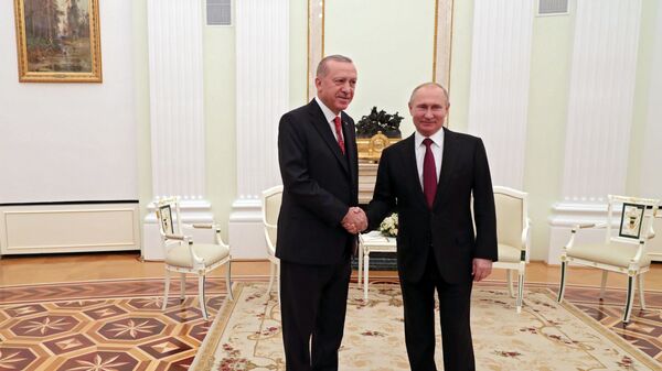  Президент РФ Владимир Путин и президент Турции Реджеп Тайип Эрдоган во время встречи
