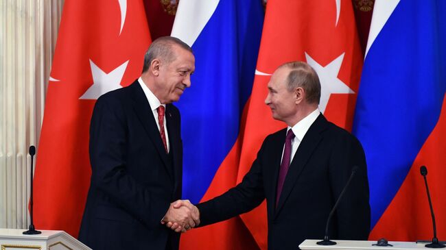 Владимир Путин и президент Турции Реджеп Тайип Эрдоган во время совместной пресс-конференции по итогам встречи. 23 января 2019