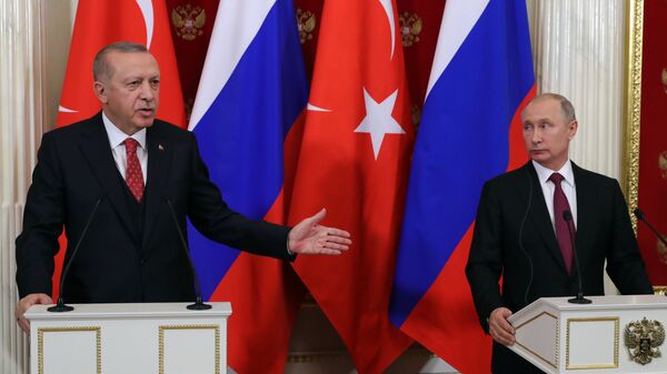 Владимир Путин и президент Турции Реджеп Тайип Эрдоган во время совместной пресс-конференции по итогам встречи. 23 января 2019