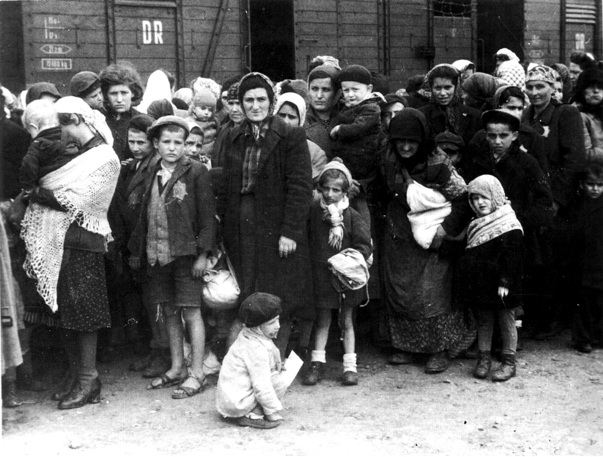 Группа евреев из Венгрии по прибытии в Освенцим летом 1944 года Группа евреев из Венгрии по прибытии в Освенцим летом 1944 года