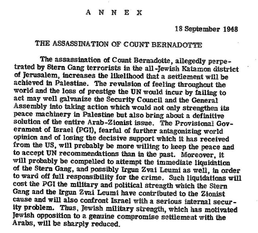 Приложение к ежедневной сводке сообщений ЦРУ для президента Гарри Трумэна от 18 сентября 1948 года с анализом ситуации в связи с убийством в Иерусалиме графа Бернадота