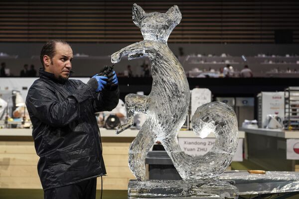 Участник команды Туниса работает над ледяной скульптурой во время соревнований за кубок мира по кондитерскому искусству во Франции