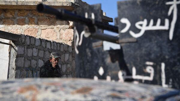 Сирийский ополченец на позициях напротив Джебхат-ан-Нусры (запрещенная в РФ террористическая группировка) в пригороде Алеппо