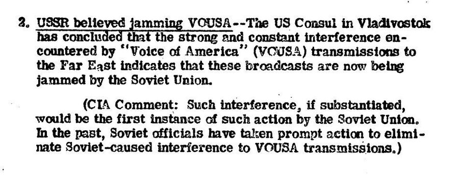 Сообщение ЦРУ от 2 марта 1948 года о том, что в СССР начали глушить передачи Голоса Америки