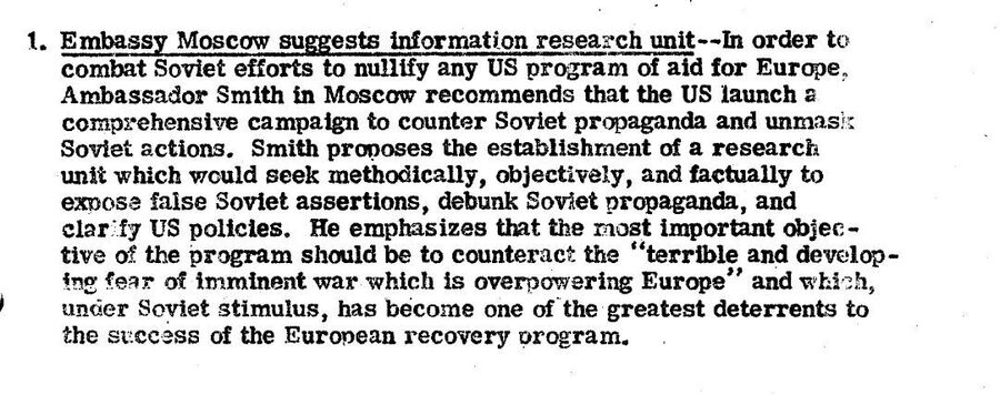 Сообщение ЦРУ от 17 ноября 1947 года с предложением создать при посольстве США в Москве специальное подразделение для борьбы с советской пропагандой