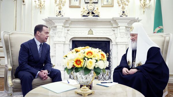 Председатель правительства РФ Дмитрий Медведев и патриарх Московский и всея Руси Кирилл во время встречи. 31 января 2019