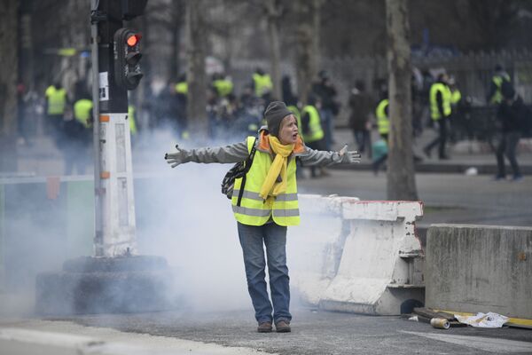 Участница протестной акции желтых жилетов в Париже