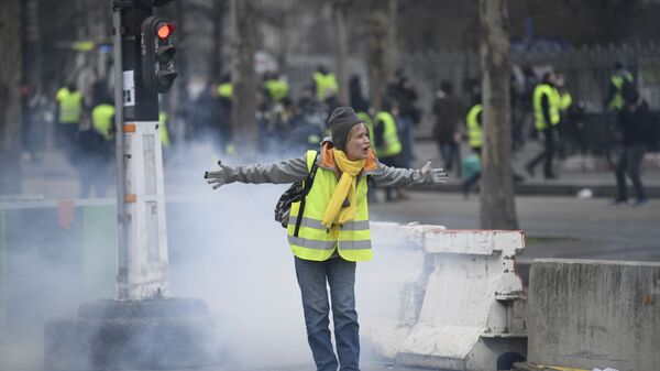 Участница протестной акции желтых жилетов в Париже