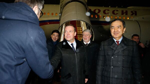 Председатель правительства РФ Дмитрий Медведев во время встречи в аэропорту Алма-Аты, Казахстан. 31 января 2019