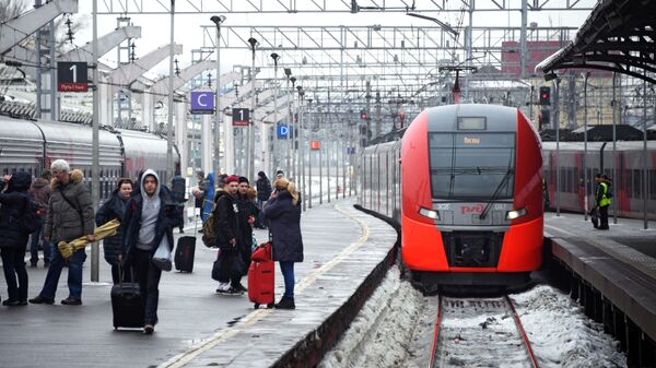 Электропоезд Ласточка прибывает на Ленинградский вокзал города Москвы. 4 февраля 2019