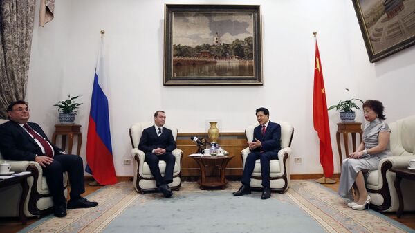Председатель правительства РФ Дмитрий Медведев беседует с послом КНР в РФ Ли Хуэйем