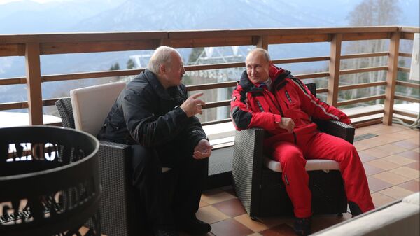 Президент РФ Владимир Путин и президент Белоруссии Александр Лукашенко общаются после катания на лыжах в Сочи