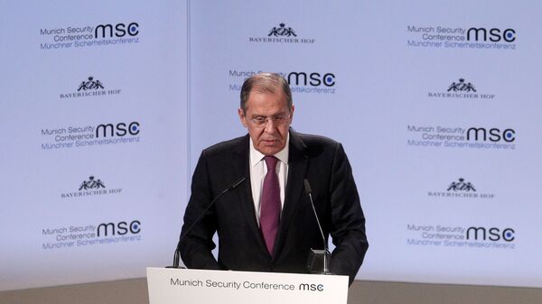 Министр иностранных дел РФ Сергей Лавров во время выступления в рамках Мюнхенской конференции по безопасности. 16 февраля 2019