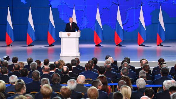 Президент РФ Владимир Путин выступает с ежегодным посланием Федеральному Собранию. 20 февраля 2019