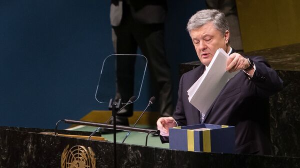 Президент Украины Петр Порошенко выступает на Генеральной ассамблее ООН в Нью-Йорке. 19 февраля 2019