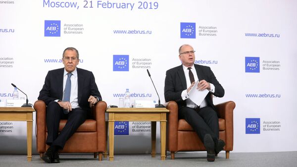 Министр иностранных дел РФ Сергей Лавров во время брифинга для представителей Ассоциации европейского бизнеса в России. 21 февраля 2019
