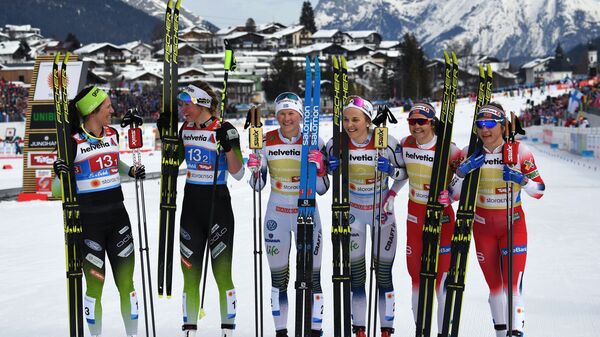 Призеры командного спринта среди женщин на чемпионате мира по лыжным гонкам