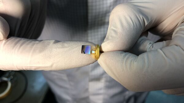 В руках ученого - чип с микрорезонаторами из нитрида кремния (слева) и чип лазерного диода из фосфида индия (справа)