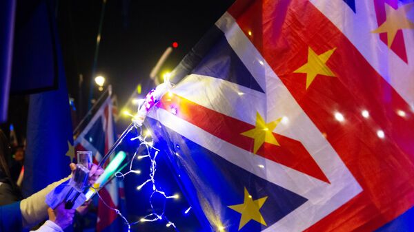 Флаги и светящиеся палочки участников акции против Brexit в Лондоне. 27 февраля 2019