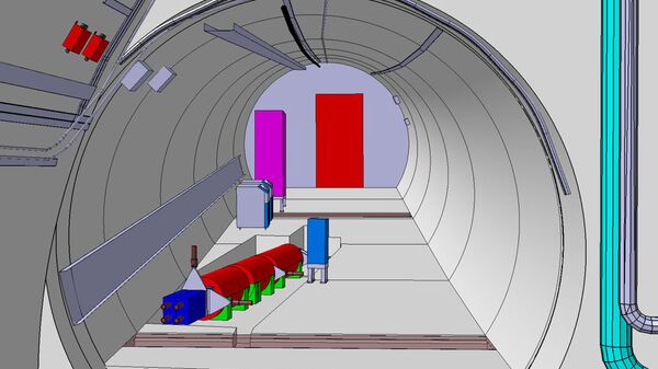 Так художник представил себе детектор FASER в боковом тоннеле БАК