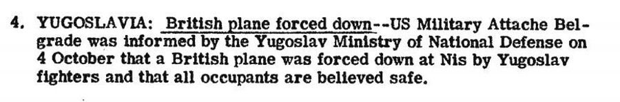 Фрагмент сводки разведки США с сообщением о том, что Югославия сбила британский самолет