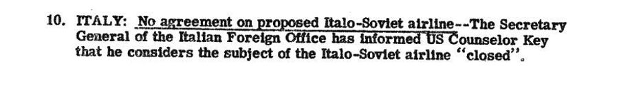 Фрагмент сводки разведки США с донесением по провале переговоров о создании итало-советской авиакомпании