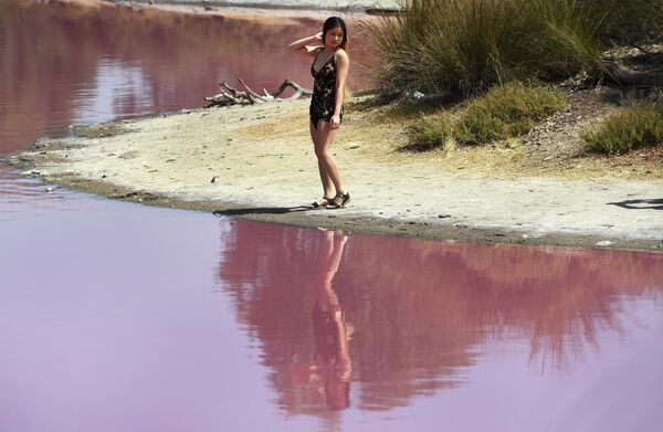 Девушка фотографируется у озера в парке Вестгейт, которое окрасилось в розовый цвет в Мельбурне, Австралия