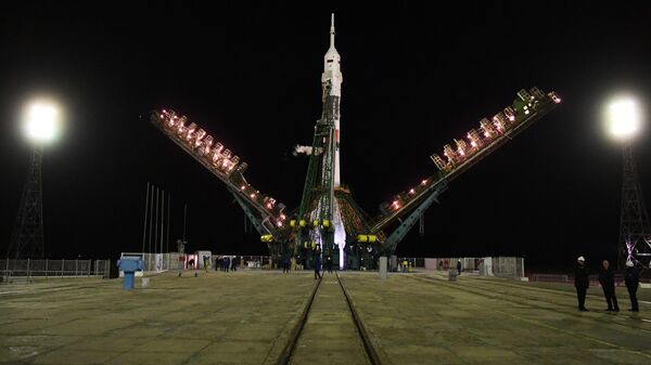 Ракета-носитель Союз-ФГ с пилотируемым кораблем Союз МС-12 на стартовом столе первой Гагаринской стартовой площадки космодрома Байконур. 14 марта 2019