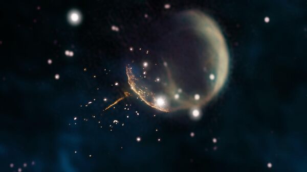 Пузырь древней сверхновой и огненный след пульсара, выброшенного из ее центра в далеком прошлом