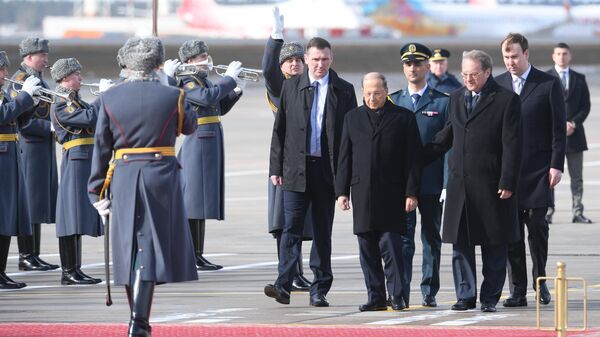 Президент Ливана Мишель Аун, прибывший в Москву с официальным визитом, во время церемонии встречи в аэропорту Внуково-2. 25 марта 2019