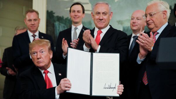 Президент США Дональд Трамп подписал документ о признании суверенитета Израиля над Голанскими высотами. 25 марта 2019