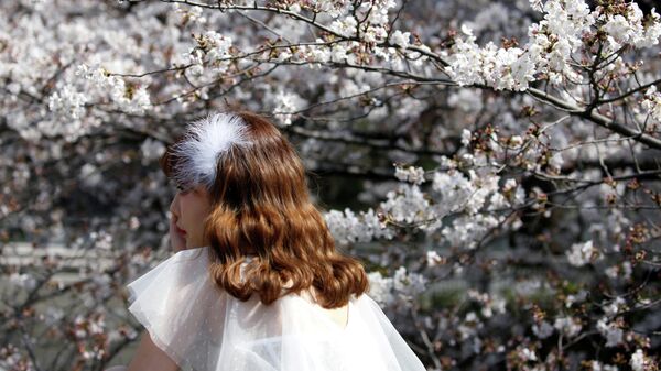 Девушка возле цветущей сакуры в Токио, Япония