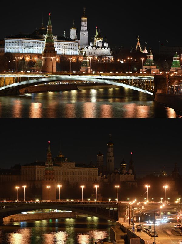 Московский Кремль до и после отключения подсветки в рамках экологической акции Час Земли