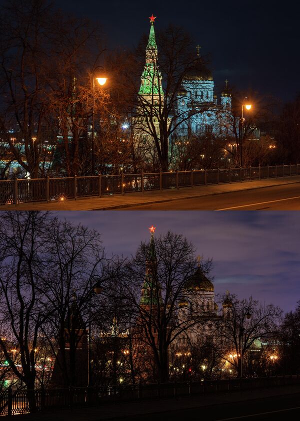 Башня Московского Кремля и храм Христа Спасителя до и после отключения подсветки в рамках экологической акции Час Земли