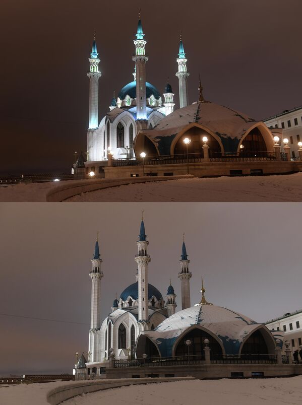 Мечеть Кул-Шариф в Казанском Кремле до и после отключения подсветки в рамках экологической акции Час Земли
