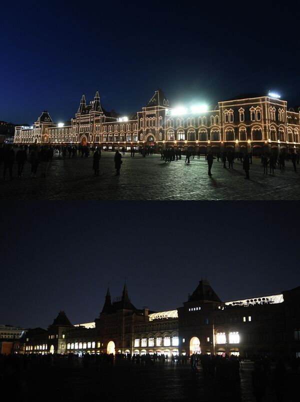 Здание ГУМа в Москве до и после отключения подсветки в рамках экологической акции Час Земли