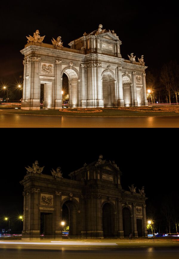 Ворота Алькала на площади Независимости в Мадриде до и после отключения подсветки в рамках экологической акции Час Земли