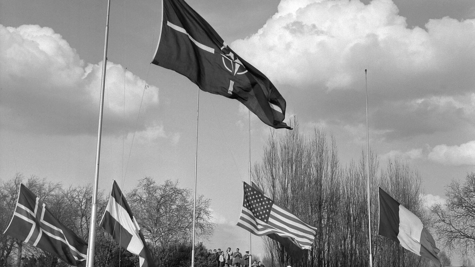 Флаги стран — участниц НАТО в пригороде Парижа Рокенкуре, 1967 год  - РИА Новости, 1920, 07.05.2020
